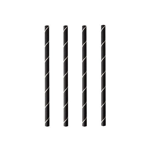 Čtyři PAPSTAR koktejlová brčka 7 mm, černá/bílá "Stripes" (fólie, 15 cm), značky PAPSTAR GmbH, jsou vertikálně a rovnoměrně uspořádána na bílém pozadí.
