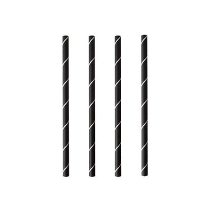 Čtyři PAPSTAR koktejlová brčka 7 mm, černá/bílá "Stripes" (fólie, 15 cm), značky PAPSTAR GmbH, jsou vertikálně a rovnoměrně uspořádána na bílém pozadí.