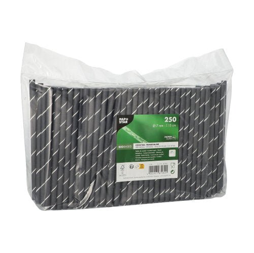 Průhledné plastové balení obsahuje 250 PAPSTAR koktejlových brček 7 mm, černá/bílá "Stripes", 15 cm. Štítek PAPSTAR GmbH ukazuje produktové informace a ekologické symboly.