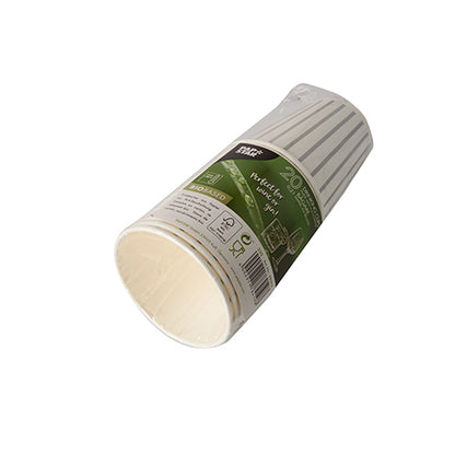 Stoh dvaceti kelímků, papír 0,2 l Ø 8 cm od společnosti PAPSTAR GmbH je zabalen v plastu a nese zelenou etiketu s produktovými informacemi a ekologickými symboly na bílém pozadí.