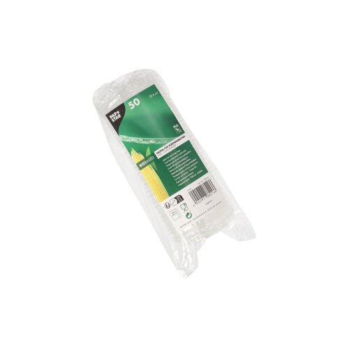 Průhledné plastové balení s 50 PAPSTAR víčky pro porcovací kelímky (Ø 6 cm, PLA "pure"), s zeleno-bílou etiketou obsahující detaily produktu, recyklační symboly a informace o biologicky odbouratelných víčkách. Značka: PAPSTAR GmbH.