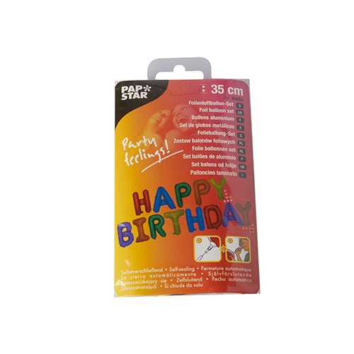 Fóliové balónkové sety „Happy Birthday“ společnosti PAPSTAR GmbH se skládají z balónku o velikosti 35 cm a jsou dodávány v krabici s barevnými nápisy „HAPPY BIRTHDAY“ a vícejazyčnými informacemi o produktu na bílém pozadí – perfektní pro každou narozeninovou oslavu.