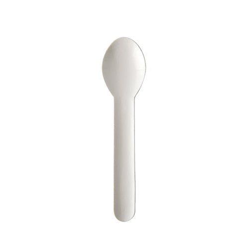 Papírová lžička na kávu "pure" (13 cm, bílá, ekologická) od PAPSTAR GmbH je zobrazena na bílém pozadí. Udržitelná lžička z balení po 100 kusech je umístěna uprostřed a směřuje vzhůru.