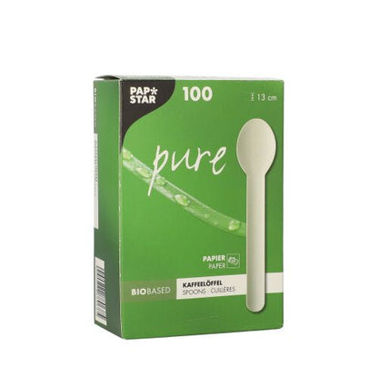 Bílá krabice s nápisem "PAPSTAR papírová lžička na kávu 'pure' 13 cm, bílá, ekologická" od PAPSTAR GmbH obsahuje 100 ekologických papírových lžiček na kávu s délkou 13 cm; obal je opatřen obrázkem lžičky a informací o biologickém původu.