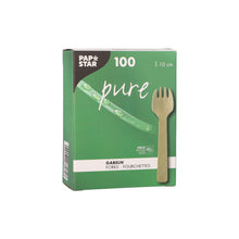 Zeleno-bílá krabička od PAPSTAR GmbH s nápisem "Dřevěné vidličky pure" obsahuje 100 ekologických, robustních dřevěných vidliček (10 cm) s obrázkem vidličky a textem "Vidličky/Fourchettes" na přední straně.