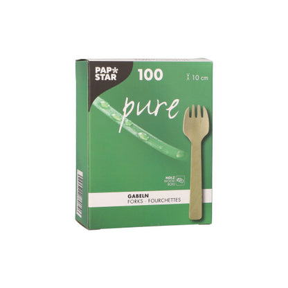 Zeleno-bílá krabička od PAPSTAR GmbH s nápisem "Dřevěné vidličky pure" obsahuje 100 ekologických, robustních dřevěných vidliček (10 cm) s obrázkem vidličky a textem "Vidličky/Fourchettes" na přední straně.