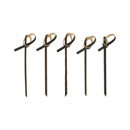 Pět PAPSTAR 250 Fingerfood - Picker od PAPSTAR GmbH v černé barvě se světle hnědými smyčkovými akcenty na vrcholu, uspořádané v řadě na bílém pozadí.