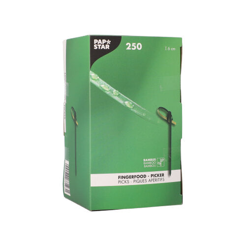 Zelená krabice s nápisem „PAPSTAR GmbH“ obsahuje 250 ekologických, biologicky odbouratelných Fingerfood-Picker (každý 9 cm). Krabice PAPSTAR 250 Fingerfood-Picker zobrazuje produktové obrázky a vícejazyčné popisy, včetně angličtiny a francouzštiny.