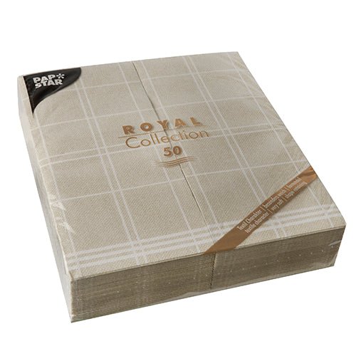 Balení 50 PAPSTAR ubrousků Kitchen Craft (48 x 33 cm, 1/6-sklad) od PAPSTAR GmbH „ROYAL Collection“, béžové s bílým kostkovaným vzorem, ideální pro stylovou stolní dekoraci a baleno v průhledné fólii.