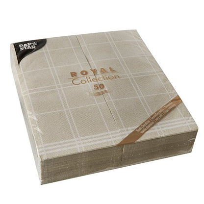 Balení 50 PAPSTAR ubrousků Kitchen Craft (48 x 33 cm, 1/6-sklad) od PAPSTAR GmbH „ROYAL Collection“, béžové s bílým kostkovaným vzorem, ideální pro stylovou stolní dekoraci a baleno v průhledné fólii.