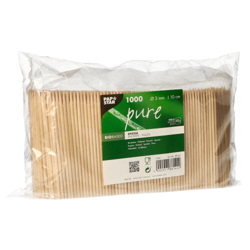 Eine Packung mit 1.000 PAPSTAR Fingerfood-Holzspießen, jeweils 10 cm lang und 3 mm dick, ist eingeschweißt. Das grün-weiße Etikett zeigt Produktinformationen und die Marke der PAPSTAR GmbH.