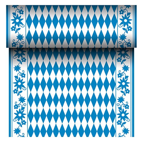 Běhoun na stůl PAPSTAR Airlaid "Bayrisch Blau" (24 m x 40 cm) od společnosti PAPSTAR GmbH je látkově podobný běhoun na stůl s modro-bílým diamantovým středem a modrým květinovým lemem. Role při odvíjení ukazuje svůj opakující se bavorský vzor.