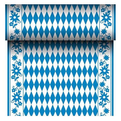 Běhoun na stůl PAPSTAR Airlaid "Bayrisch Blau" (24 m x 40 cm) od společnosti PAPSTAR GmbH je látkově podobný běhoun na stůl s modro-bílým diamantovým středem a modrým květinovým lemem. Role při odvíjení ukazuje svůj opakující se bavorský vzor.