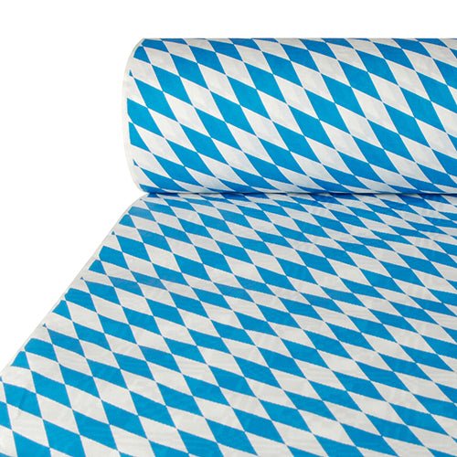 Jeden PAPSTAR papírový ubrus Damastová ražba Bavorsky modrá (50 m x 1 m) s modro-bílým vzorem kosočtverce Oktoberfest je částečně rozvinut na rovné ploše. Značka: PAPSTAR GmbH.