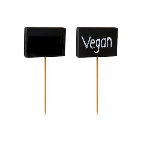 Zobrazeny jsou dva pravoúhlé černé PAPSTAR Fingerfood-Picker (8,5 cm) na dřevěných tyčkách - jeden bez nápisu, jeden s nápisem "Vegan" bílou barvou. Perfektní pro bufety a večírky. Od společnosti PAPSTAR GmbH, balení po 20 kusech, na výšku na bílém pozadí.