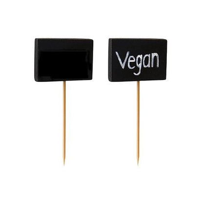 Zobrazeny jsou dva pravoúhlé černé PAPSTAR Fingerfood-Picker (8,5 cm) na dřevěných tyčkách - jeden bez nápisu, jeden s nápisem "Vegan" bílou barvou. Perfektní pro bufety a večírky. Od společnosti PAPSTAR GmbH, balení po 20 kusech, na výšku na bílém pozadí.