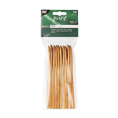 Sáček s 10 bambusovými lžícemi PAPSTAR "pure", každá 16,5 cm, ekologická a stabilní, ve světle hnědé barvě se zeleno-bílou etiketou od společnosti PAPSTAR GmbH.