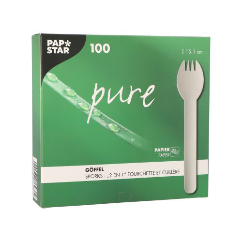 Bílá krabice PAPSTAR Pure s německým a francouzským popisem obsahuje 100 ekologických, stabilních lžících PAPSTAR GmbH o délce 16 cm. Na krabici je vyobrazena lžíce.