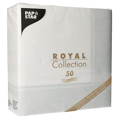 Balení 50 PAPSTAR ubrousků "ROYAL Collection" 1/4 skládání, 40 x 40 cm v bílé barvě, od PAPSTAR GmbH, s výrazným brandingem a detaily kolekce na obalu.