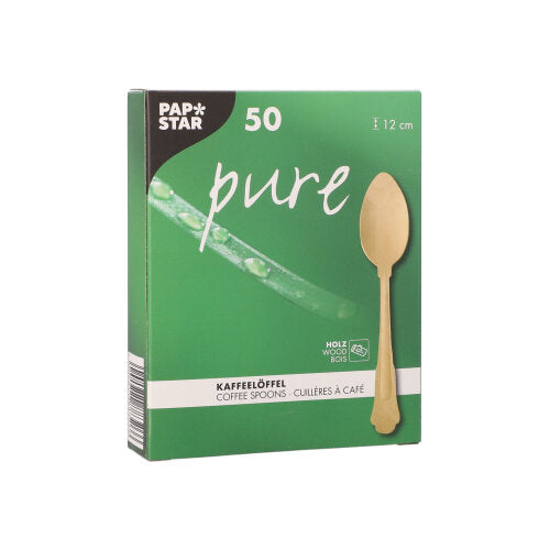 Zelená krabička PAPSTAR s nápisem "pure" obsahuje 50 dřevěných kávových lžiček ve vintage designu (12 cm), s fotografií lžičky na přední straně a textem v němčině a angličtině. Značka: PAPSTAR GmbH.