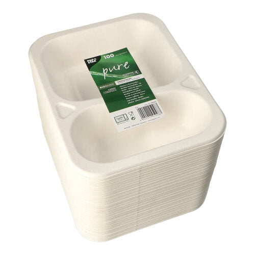 Stoh bílých PAPSTAR 100 těsnících misek z cukrové třtiny, 2-dílný a zabalený v plastu. Zeleno-bílá etiketa od PAPSTAR GmbH poukazuje na 100 ekologických jednorázových misek pro catering.