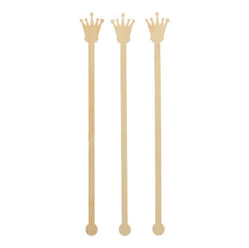 Tři PAPSTAR 100 bambusových míchadel na nápoje od PAPSTAR GmbH stojí vzpřímeně. Každé jednoduché míchadlo má špičku ve tvaru koruny, kulatý základ a je bez přidaných barev nebo ozdob.
