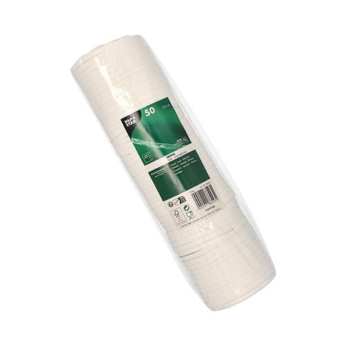 Na obrázku je plastově zabalené balení s 50 bílými PAPSTAR víčky pro nápojové kelímky (kulaté, Ø 8 cm, papír | folie) od PAPSTAR GmbH na bílém pozadí. Zeleno-bílá etiketa zdůrazňuje ekologické papírové víčko.