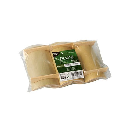 Sada pěti hranatých PAPSTAR bambusových misek na fingerfood "pure", každá 10x5,7 cm, v plastovém obalu se zelenou etiketou od PAPSTAR GmbH - ideální pro omáčky a občerstvení.
