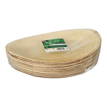 Sada PAPSTAR 25 talířů, Palmblatt „pure“ od PAPSTAR GmbH – oválné, ekologické, biologicky odbouratelné a v průhledném plastovém obalu se zeleno-bílou etiketou.