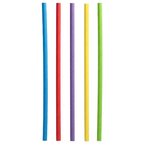 Pět PAPSTAR 500 Shake-slamů papírových Ø 8 mm · 25 cm od PAPSTAR GmbH v barvách modrá, červená, fialová, žlutá a zelená stojí svisle vedle sebe zleva doprava na bílém podkladu.