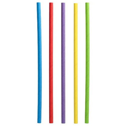 Pět PAPSTAR 500 Shake-slamů papírových Ø 8 mm · 25 cm od PAPSTAR GmbH v barvách modrá, červená, fialová, žlutá a zelená stojí svisle vedle sebe zleva doprava na bílém podkladu.