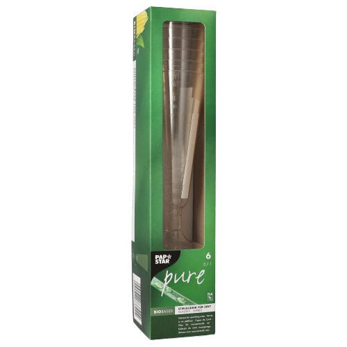 Zelená krabice s nápisem PAPSTAR sektové sklenice PLA "pure" obsahuje šest čirých, 16,5 cm vysokých ekologických sklenic. Na přední straně jsou bílým písmem zobrazeny značka PAPSTAR GmbH a detaily produktu, okénko umožňuje pohled na čiré stopkové sklenice uvnitř.