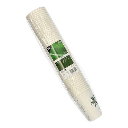 Balení s 50 bílými PAPSTAR papírovými kelímky Pure Joy (Ø 8 cm, 10,8 cm vysoké) od PAPSTAR GmbH, zabalené v průhledném plastu se zeleno-bílou etiketou s informacemi o produktu a značkou.