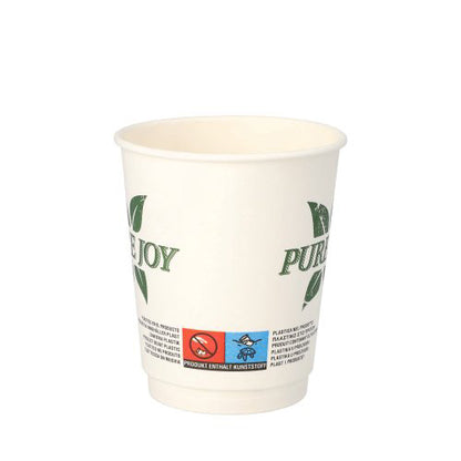 Dvojitý pohárek PAPSTAR (8 cm, bílý, "Čistá radost") od PAPSTAR GmbH má design se zelenými listy, ekologické symboly v oblasti dna a nabízí ekologickou volbu v balení po 20 kusech.