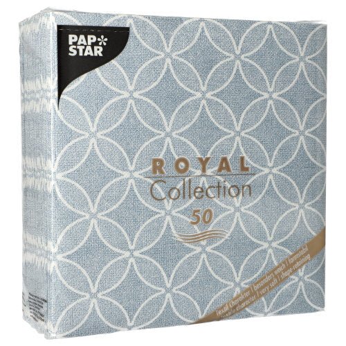 Čtvercové balení PAPSTAR GmbH 50 ubrousků "ROYAL Collection" 1/4-skládání, 40 x 40 cm, v modré barvě, ukazuje světle modro-bílý geometrický vzor s produktovými informacemi a potiskem "ROYAL Collection 50" na přední straně.