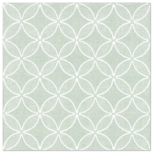 Die PAPSTAR GmbH "ROYAL Collection" 50 Servietten in grün (40 x 40 cm, 1/4-Falz) zeigen ein stilvolles geometrisches weißes Kreismuster auf hellgrünem Hintergrund - ideal für festliche Anlässe.