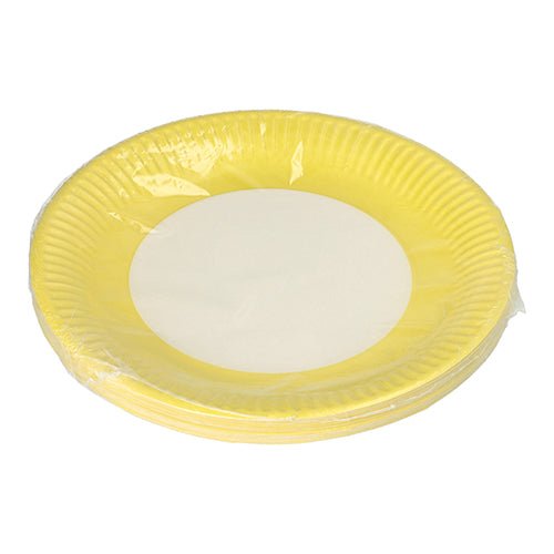 20 kulatých papírových talířů Ø 23 cm od PAPSTAR GmbH, žluté s bílým středem, balené v průhledné fólii – ideální pro akce a oslavy.