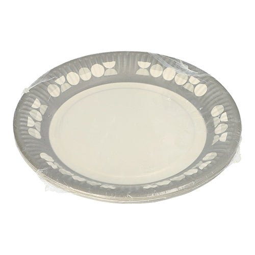 Stoh PAPSTAR 10 talířů, papírový kulatý Ø 23 cm, od PAPSTAR GmbH, zabalený v průhledné fólii. Každý jednorázový talíř je opatřen decentním okrajem s listy a puntíky – ideální pro večírky a akce.