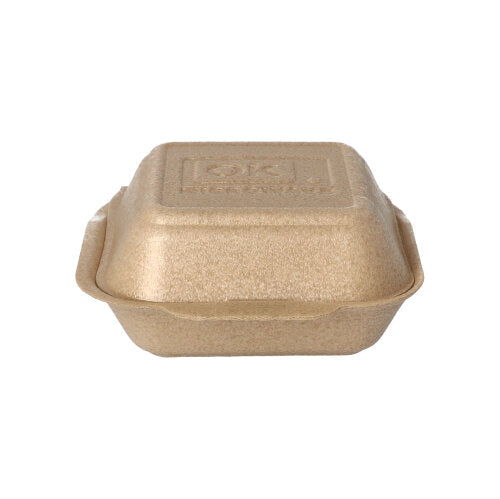 Die Starpak 125 Hamburger-Boxen groß mit Klappdeckel (XPP, 7x15x15 cm, beige) eignen sich ideal für den Transport von Hamburgern und werden vor weißem Hintergrund präsentiert.