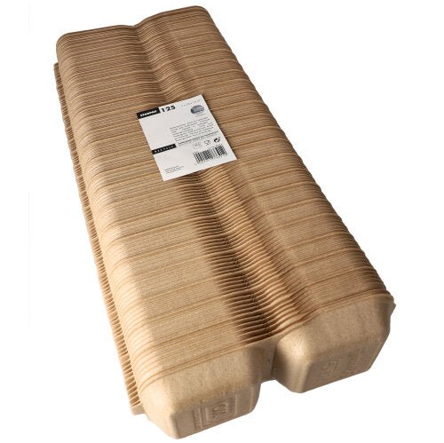 Je zobrazen stoh Starpak 125 hamburgerových krabic velkých s klopovým víkem, XPP 7x15x15cm béžové (125 kusů), svázaný s etiketou nahoře – ideální pro přepravu a servírování hamburgerů.