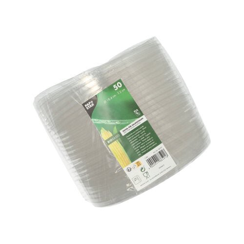 Balení s 50 průhlednými, kulatými víčky na salátové mísy z PLA od PAPSTAR GmbH (2 cm vysoké), ideální pro uchování čerstvosti salátů a perfektně padnoucí k průhledným plastovým talířům.
