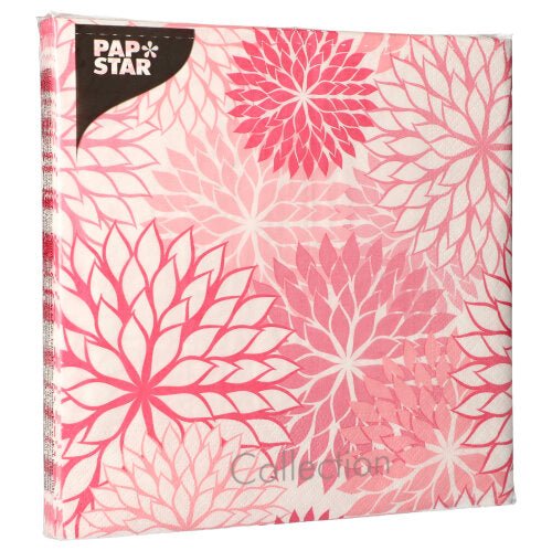 Balení PAPSTAR 20 ubrousků od PAPSTAR GmbH, 3-vrstvé, 40x40 cm, 1/4-skládání, s růžovo-bílým, překrývajícím se květinovým vzorem.