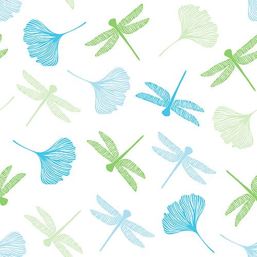 Bezešvý vzor stylizovaných vážek a ginkgo listů v modré a zelené zdobí PAPSTAR 20 ubrousků (40x40 cm, 3-vrstvé, 1/4-skládání) od PAPSTAR GmbH. Na bílém pozadí se objevují rovnoměrně rozmístěné prvky v různých směrech.