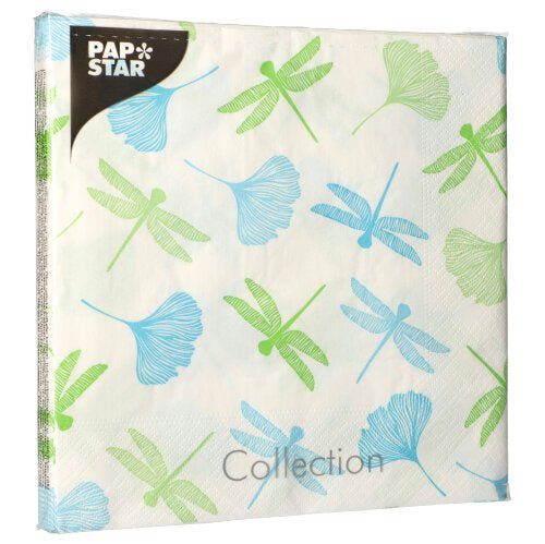 PAPSTAR 20 ubrousků (40x40 cm, 3-vrstvé, 1/4-skládání) od PAPSTAR GmbH ukazuje zelené a modré vážky s ginkgo listy na bílém pozadí a nápis „Collection“ na spodním okraji.
