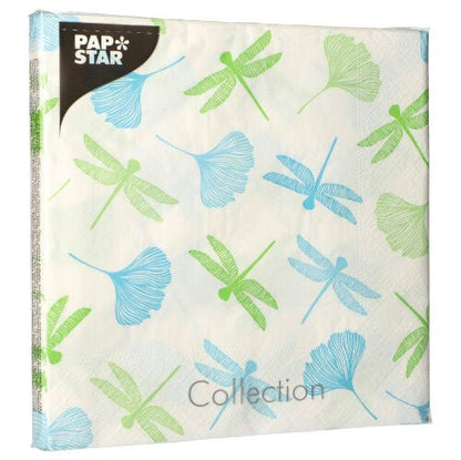 PAPSTAR 20 ubrousků (40x40 cm, 3-vrstvé, 1/4-skládání) od PAPSTAR GmbH ukazuje zelené a modré vážky s ginkgo listy na bílém pozadí a nápis „Collection“ na spodním okraji.