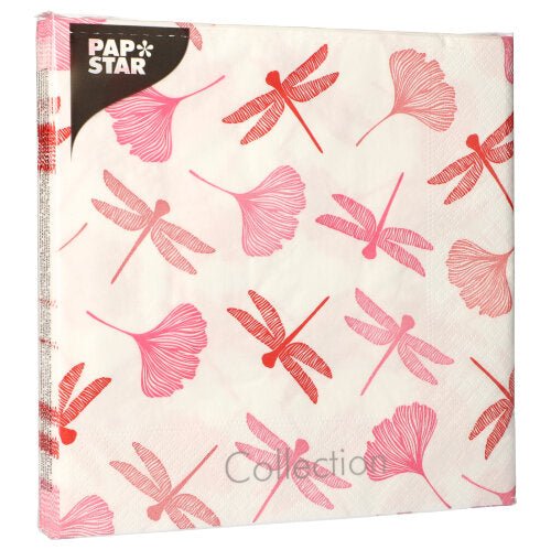 PAPSTAR 20 ubrousků (40x40 cm, 3-vrstvé, 1/4-skládání) od PAPSTAR GmbH ukazuje růžové a červené vážky a ginkgo listy na bílém pozadí, s logem „PAP STAR“ vlevo nahoře a „Collection“ dole pro měkký dotek.