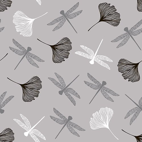 Bezešvý vzor vážek a listů ginkga v černé, bílé a šedé na světle šedém pozadí – ideální pro PAPSTAR 20 ubrousků, 40x40 cm, 3vrstvé, 1/4 skládání od PAPSTAR GmbH.
