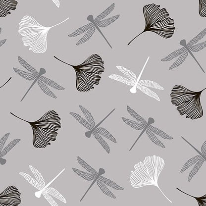 Bezešvý vzor vážek a listů ginkga v černé, bílé a šedé na světle šedém pozadí – ideální pro PAPSTAR 20 ubrousků, 40x40 cm, 3vrstvé, 1/4 skládání od PAPSTAR GmbH.