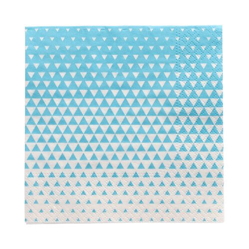 Balení 20 kusů 3vrstvých ubrousků (25 cm x 25 cm, 1/4 skládání) od společnosti PAPSTAR GmbH s modro-bílým malým trojúhelníkovým vzorem – nahoře hustší, dole řidší.