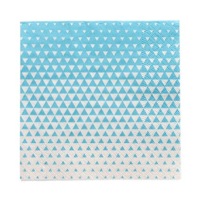Balení 20 kusů 3vrstvých ubrousků (25 cm x 25 cm, 1/4 skládání) od společnosti PAPSTAR GmbH s modro-bílým malým trojúhelníkovým vzorem – nahoře hustší, dole řidší.